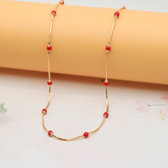 "Rose Gold Necklace with Red Beads Elegant Accent Chain, XPNL0134 - Picture 7 of 12